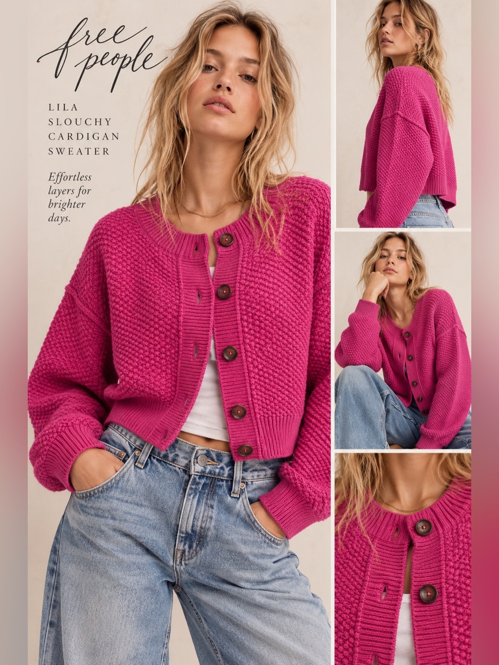 Free People Lila Slouchy Cardigan Sweater Magenta Pink Textured Knit L